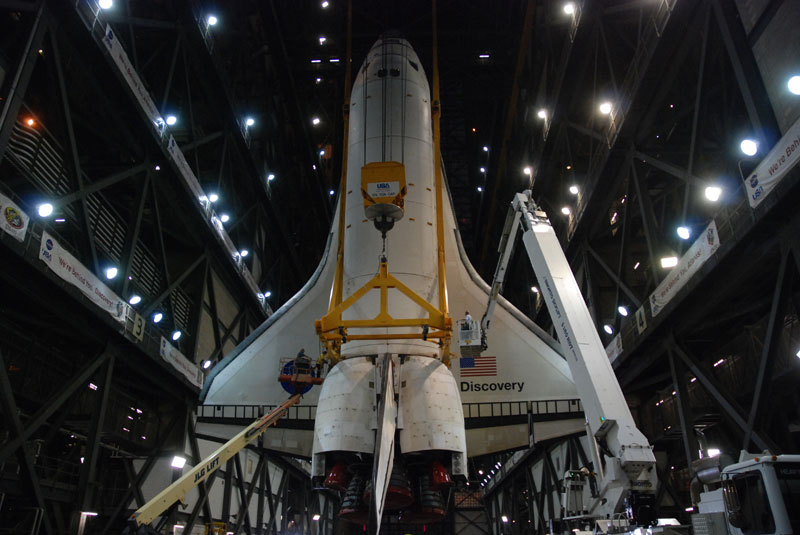 Shuttle Discovery mated with its final boosters and tank