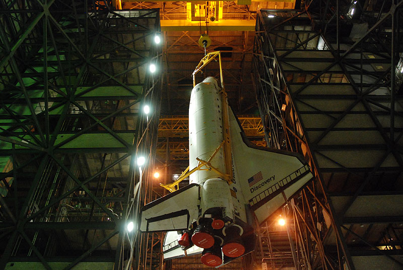 Shuttle Discovery mated with its final boosters and tank