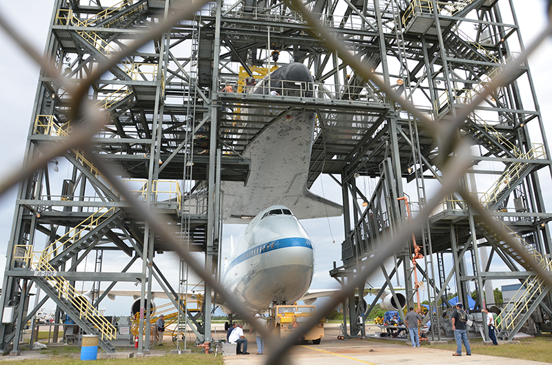 Space shuttle Endeavour mounted on 747 jet for final flight to L.A.