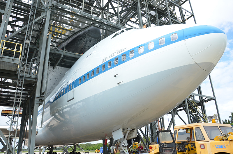 Space shuttle Endeavour mounted on 747 jet for final flight to L.A.