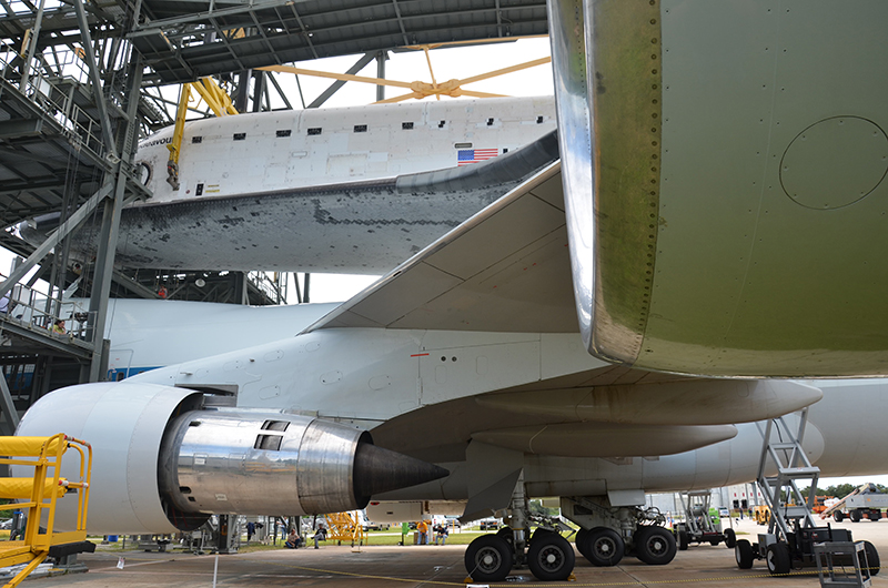 Space shuttle Endeavour mounted on 747 jet for final flight to L.A.